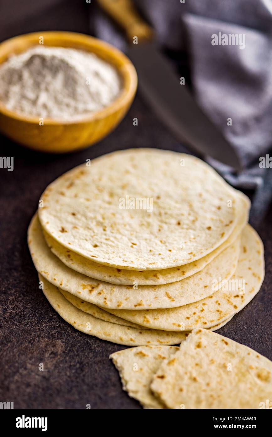 Mexican Corn Tortillas on the kitchen table. Stock Photo