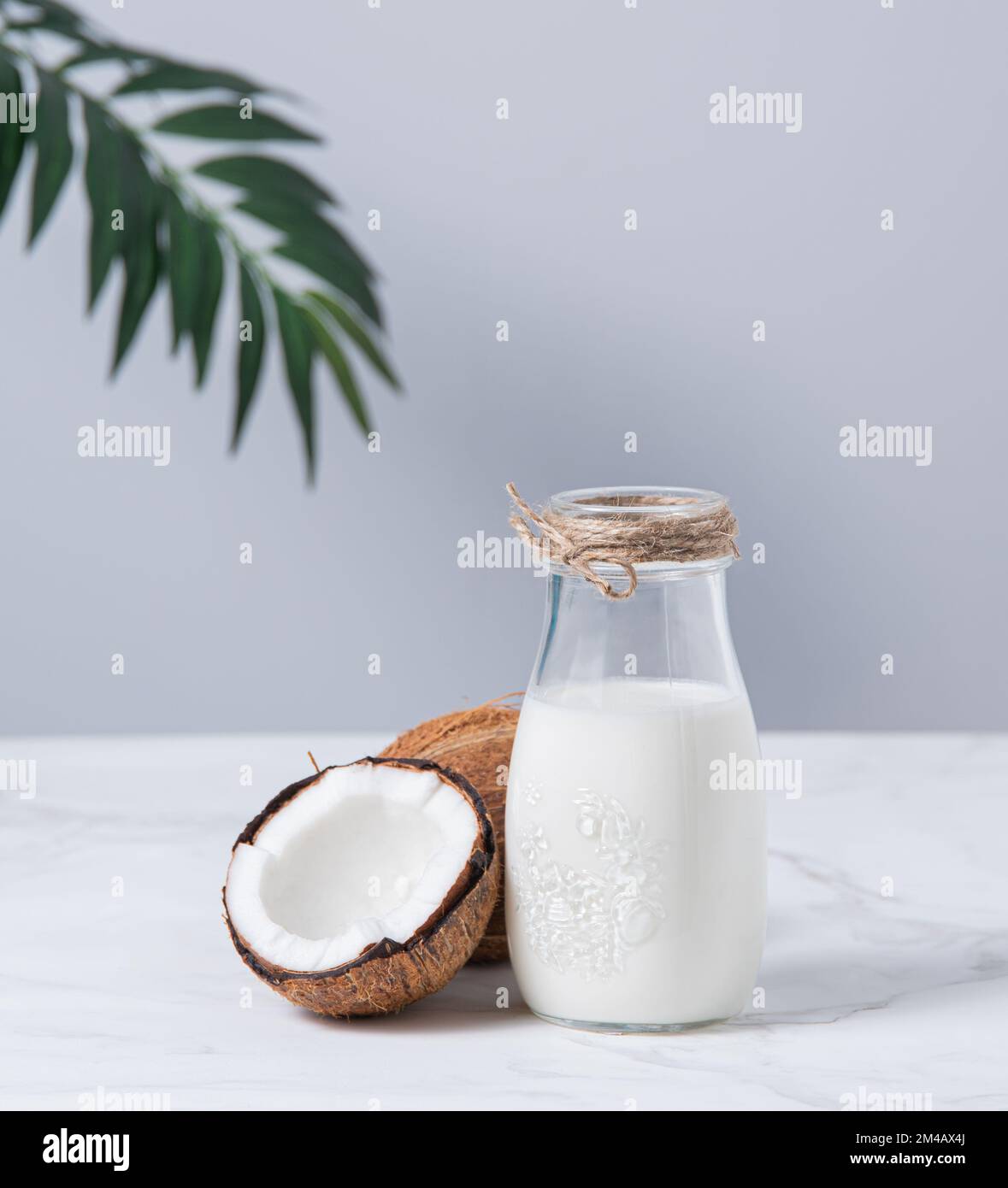 Glass vegan milk bottle on white marble table with half coconuts and palm branch. Front view and copy space image Stock Photo