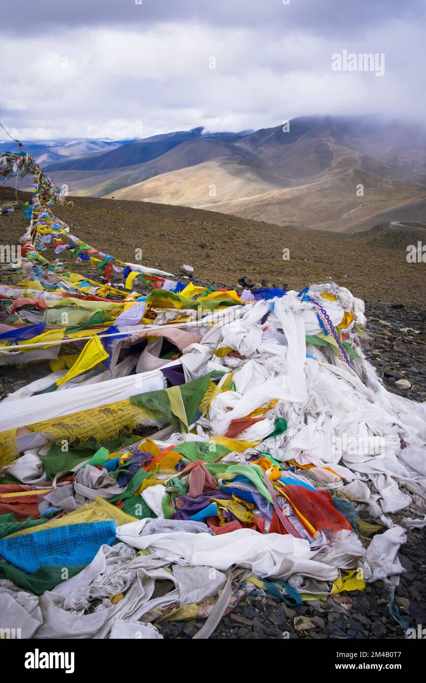 Prayer flags on a mountain pass. Tibet Autonomous Region. China. Stock Photo