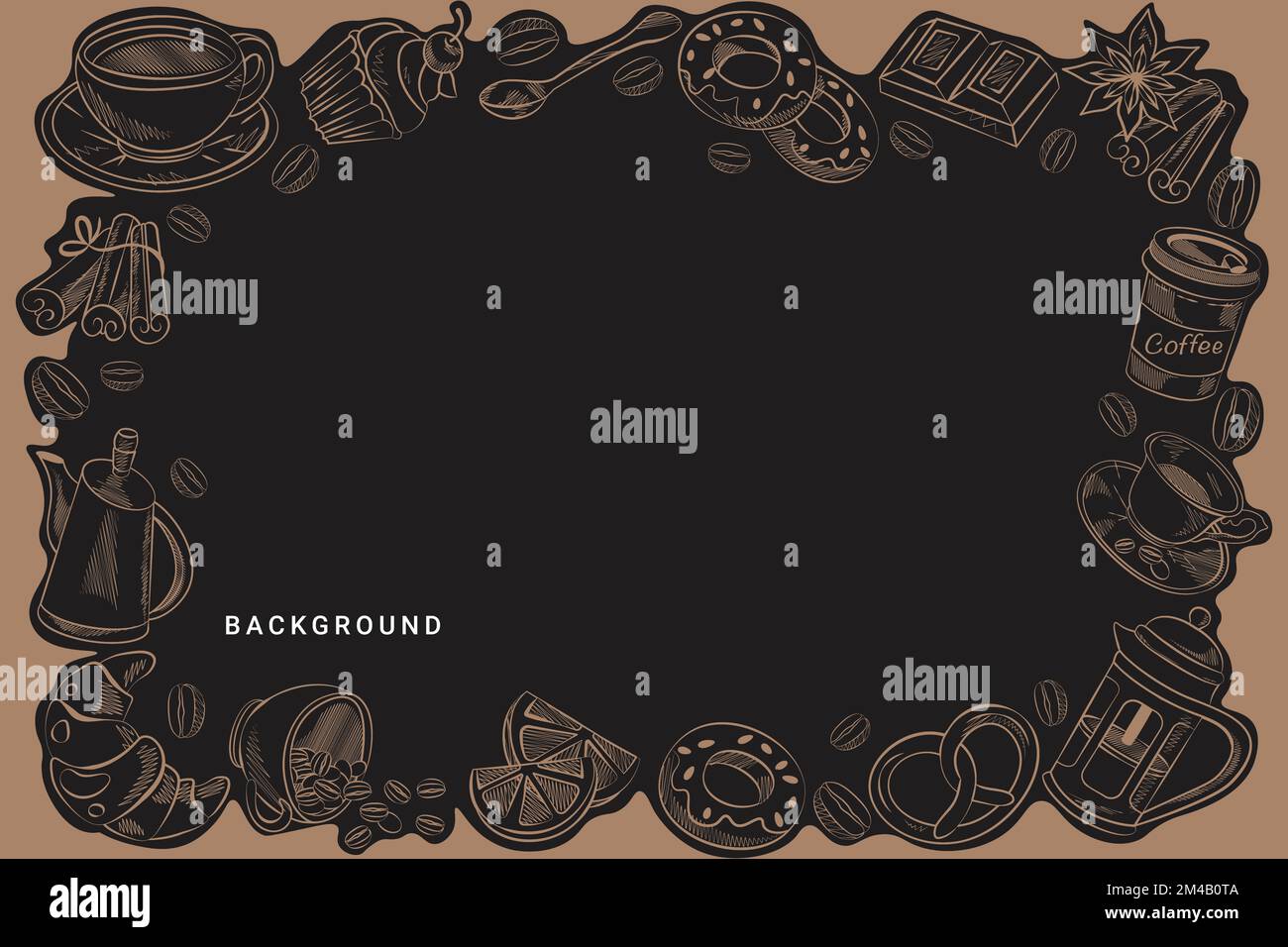 dark coffee background with hand drawn coffee and sweets Stock Vector