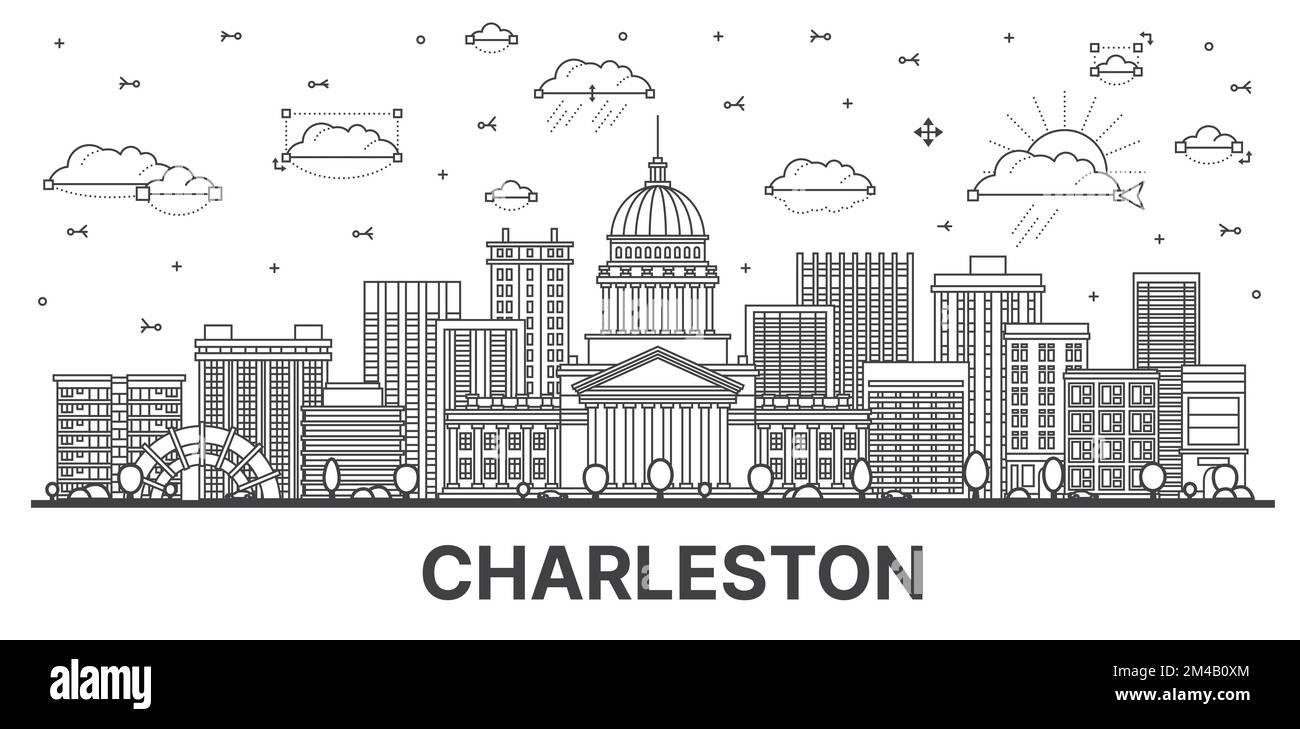 Outline Charleston West Virginia USA City Skyline with Modern Buildings Isolated on White. Vector Illustration. Charleston Cityscape with Landmarks. Stock Vector