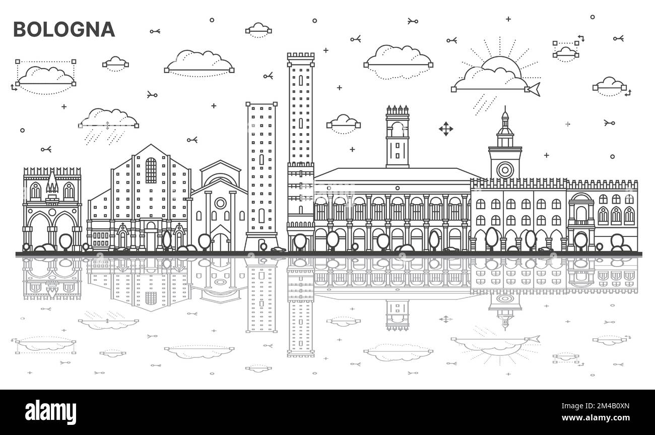 Outline Bologna Italy City Skyline with Historic Buildings and Reflections Isolated on White. Vector Illustration. Bologna Cityscape with Landmarks. Stock Vector