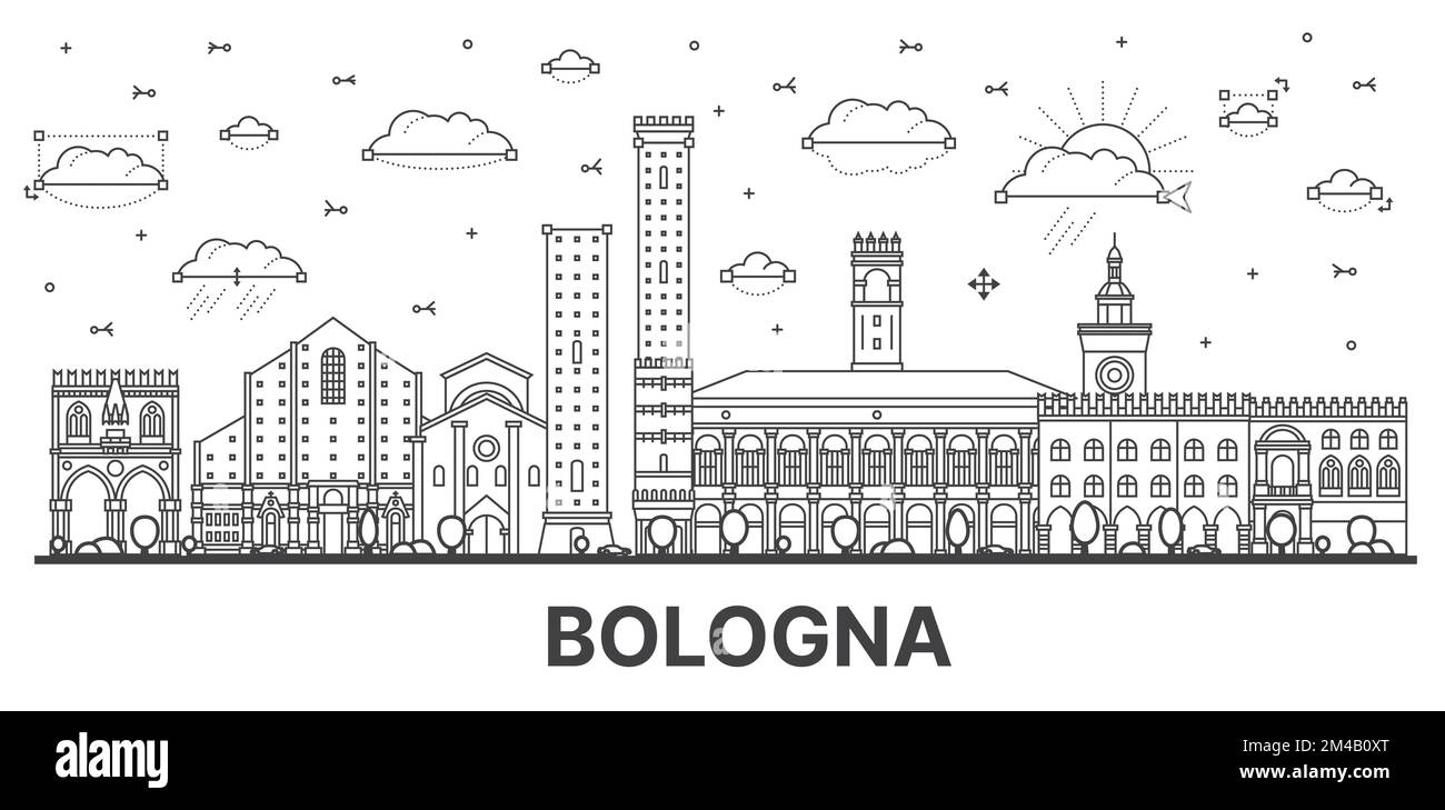 Outline Bologna Italy City Skyline with Historic Buildings Isolated on White. Vector Illustration. Bologna Cityscape with Landmarks. Stock Vector