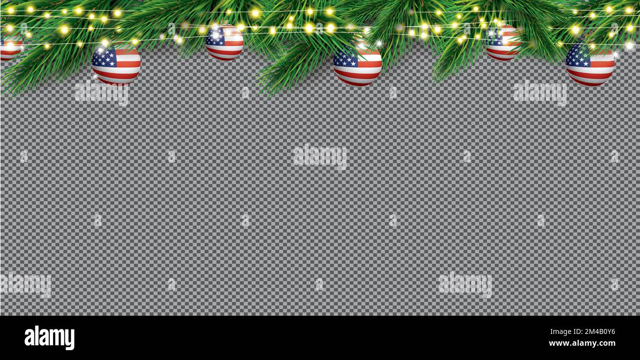 Christmas Border with Fir Branches and Balls with USA Flag. Neon Garland with Yellow Lights. Vector Illustration. Merry Christmas and Happy New Year. Stock Vector