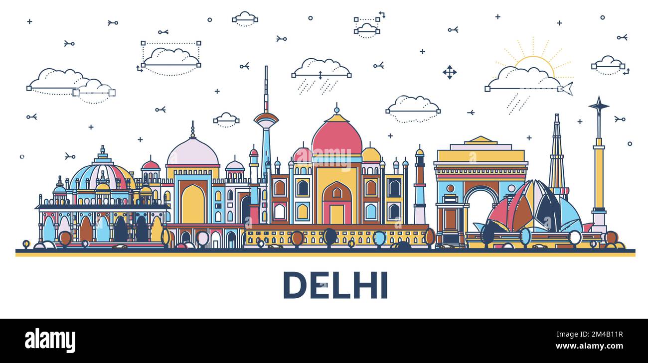 Outline Delhi India City Skyline with Colored Historic Buildings Isolated on White. Vector Illustration. Delhi Cityscape with Landmarks. Stock Vector