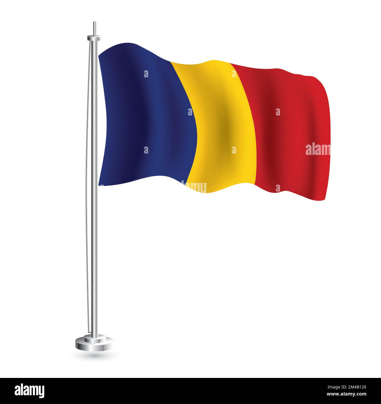Romanian Flag. Isolated Realistic Wave Flag of Romania Country on Flagpole. Vector Illustration. Stock Vector