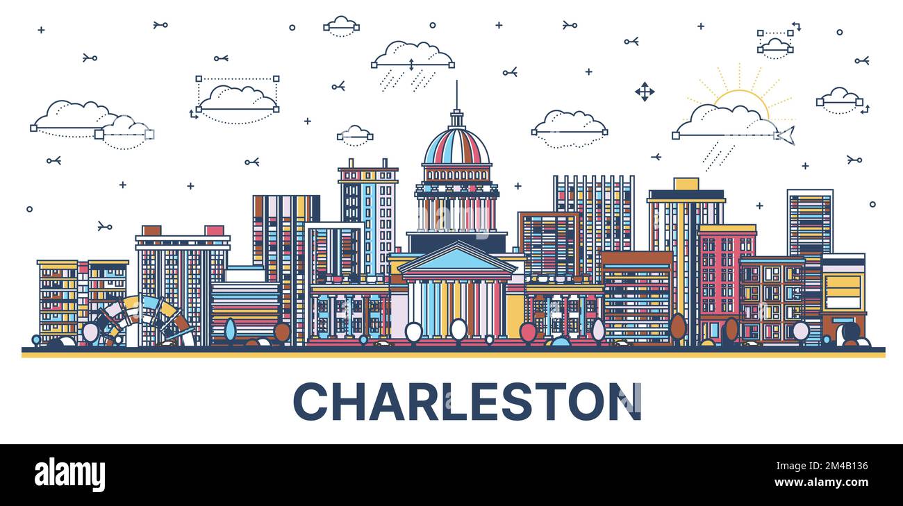 Outline Charleston West Virginia USA City Skyline with Modern Colored Buildings Isolated on White. Vector Illustration. Charleston Cityscape with Land Stock Vector