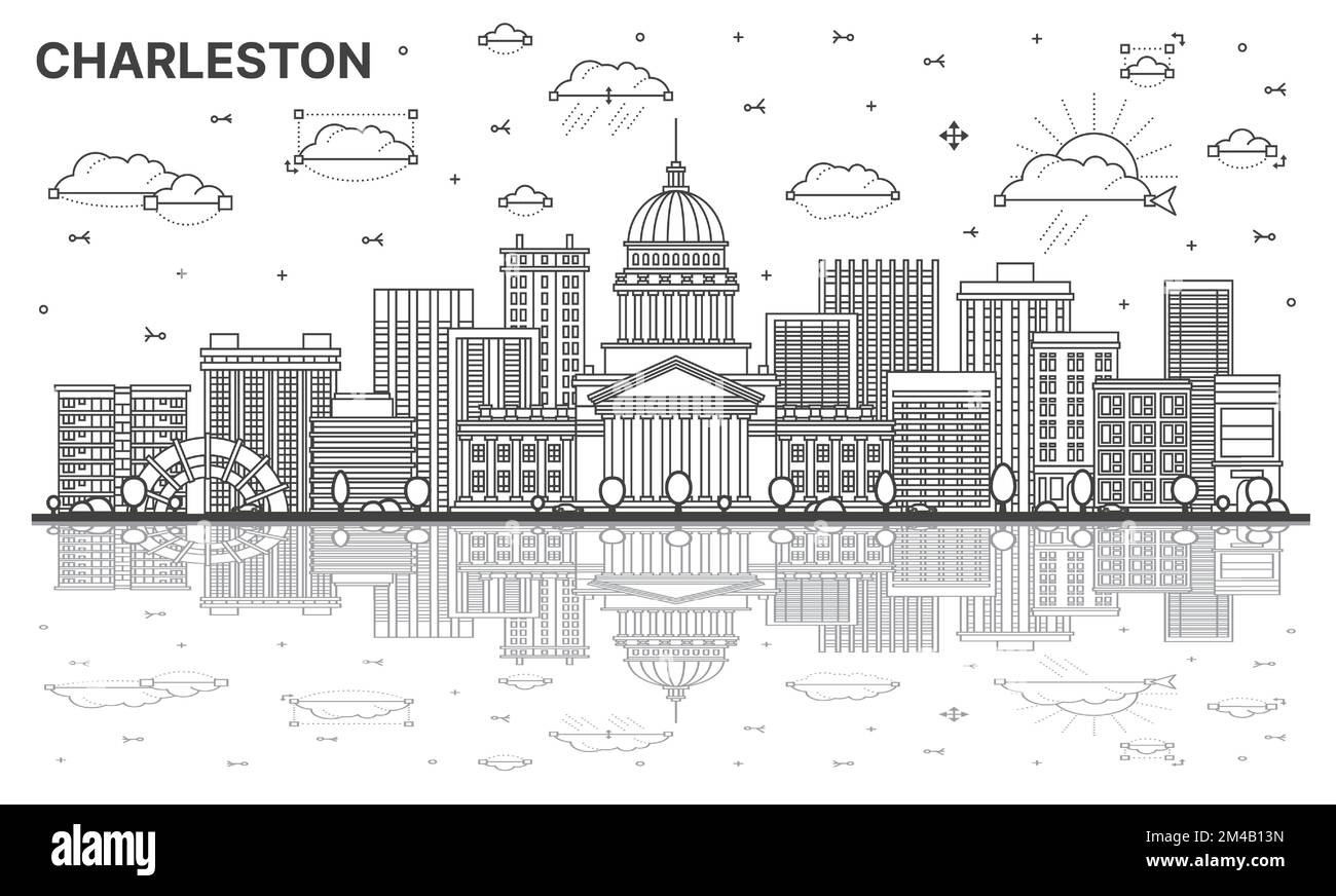 Outline Charleston West Virginia USA City Skyline with Modern Buildings and Reflections Isolated on White. Vector Illustration. Charleston Cityscape w Stock Vector