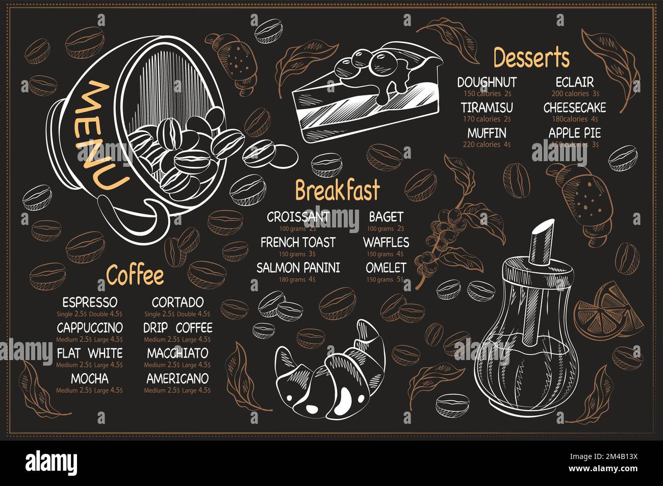 horizontal menu template with coffee dessert and breakfasts Stock Vector