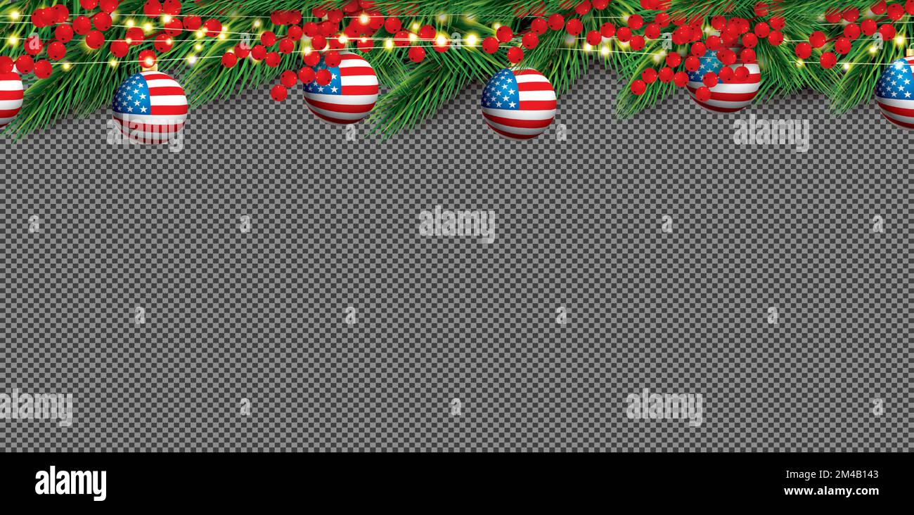 Christmas Border with Fir Branches, Holly Berries and Balls with USA Flag. Neon Garland with Yellow Lights. Vector Illustration. Merry Christmas. Stock Vector