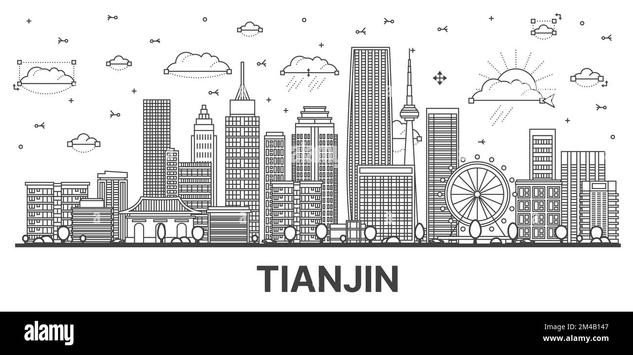 Outline Tianjin China City Skyline with Modern Buildings Isolated on White. Vector Illustration. Tianjin Cityscape with Landmarks. Stock Vector