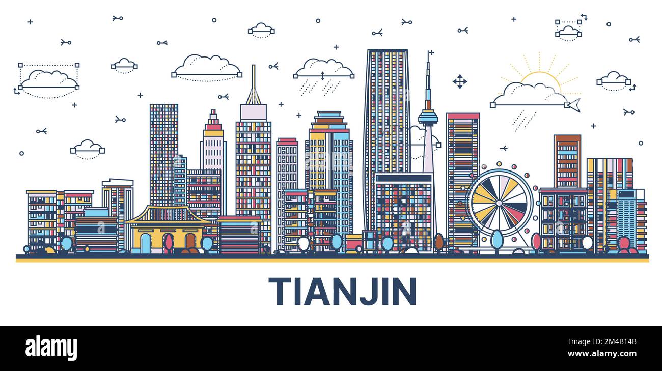 Outline Tianjin China City Skyline with Modern Colored Buildings Isolated on White. Vector Illustration. Tianjin Cityscape with Landmarks Stock Vector