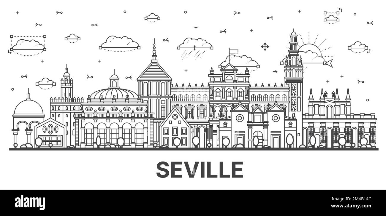 Outline Seville Spain City Skyline with Historic Buildings Isolated on White. Vector Illustration. Seville Cityscape with Landmarks. Stock Vector