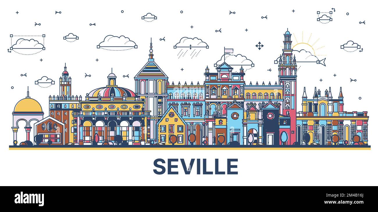 Outline Seville Spain City Skyline with Colored Historic Buildings Isolated on White. Vector Illustration. Seville Cityscape with Landmarks. Stock Vector
