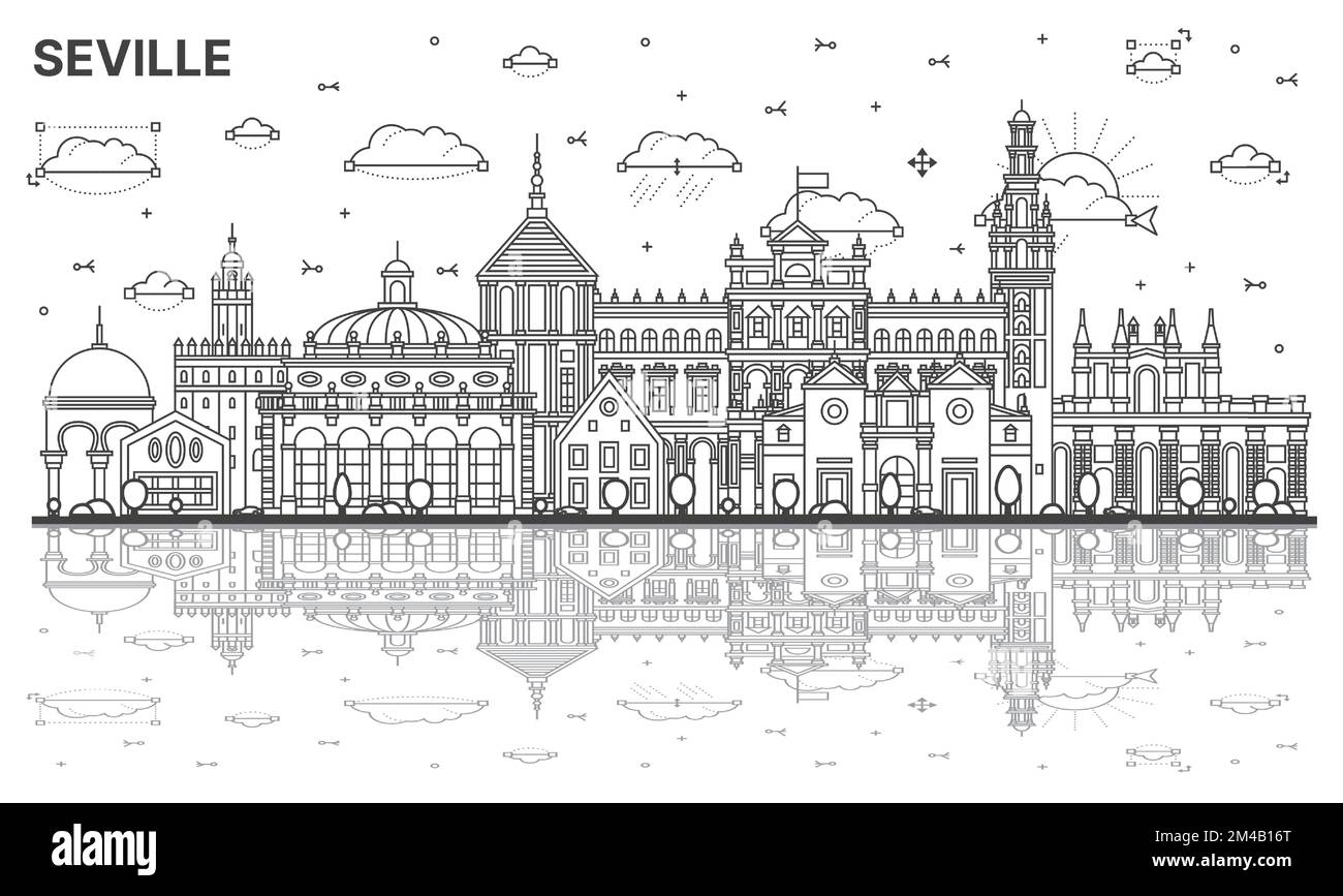 Outline Seville Spain City Skyline with Historic Buildings and Reflections Isolated on White. Vector Illustration. Seville Cityscape with Landmarks. Stock Vector
