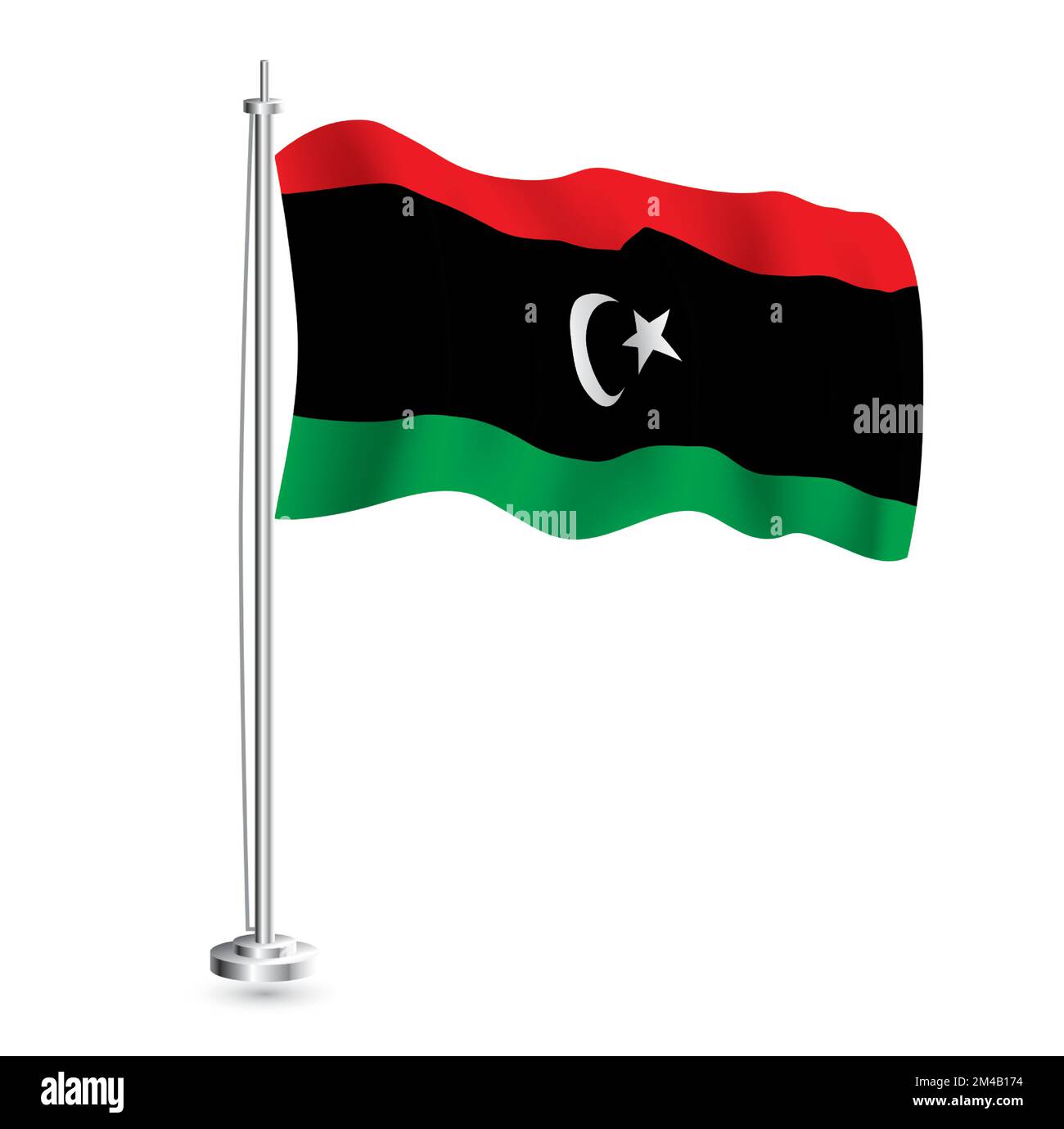 Libyan Flag. Isolated Realistic Wave Flag of Libya Country on Flagpole. Vector Illustration. Stock Vector
