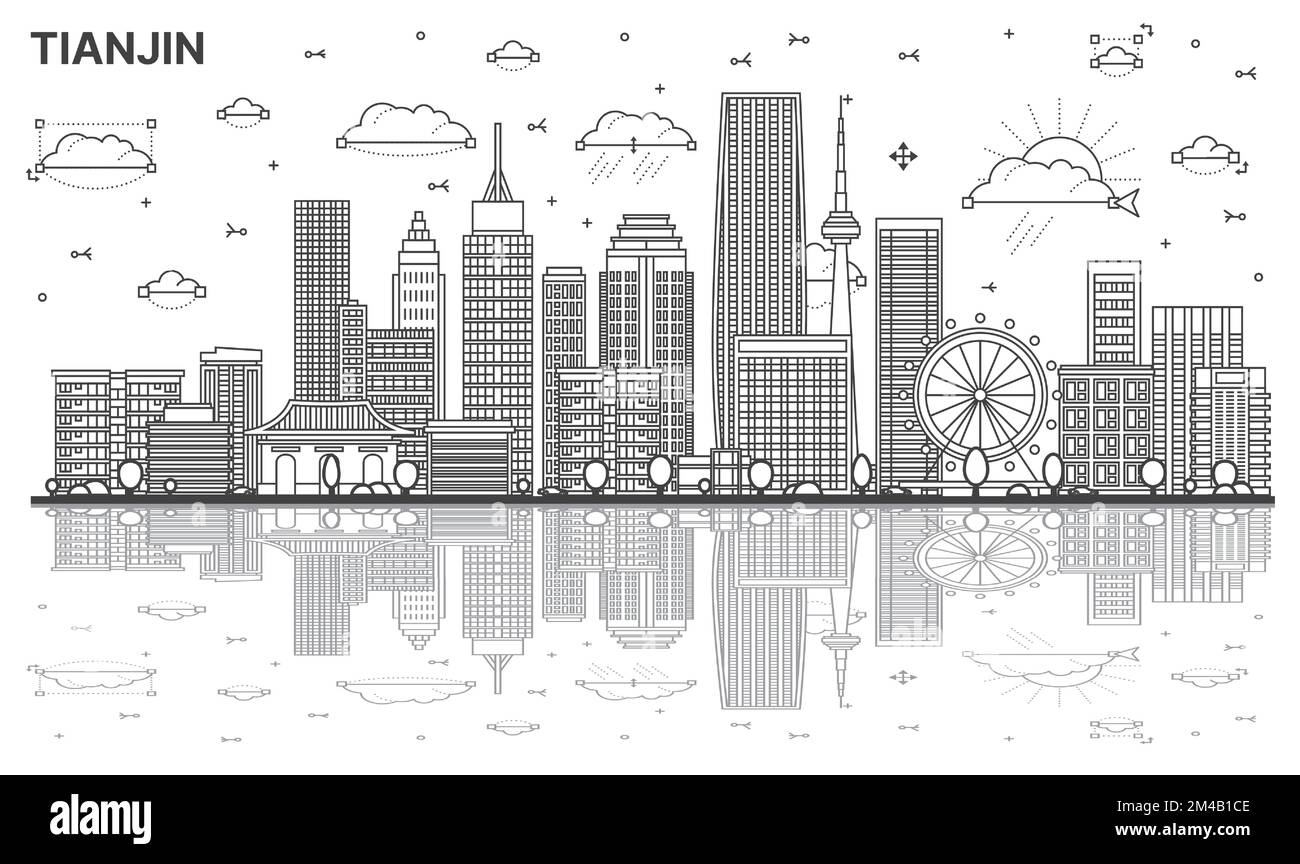 Outline Tianjin China City Skyline with Modern Buildings and Reflections Isolated on White. Vector Illustration. Tianjin Cityscape with Landmarks. Stock Vector