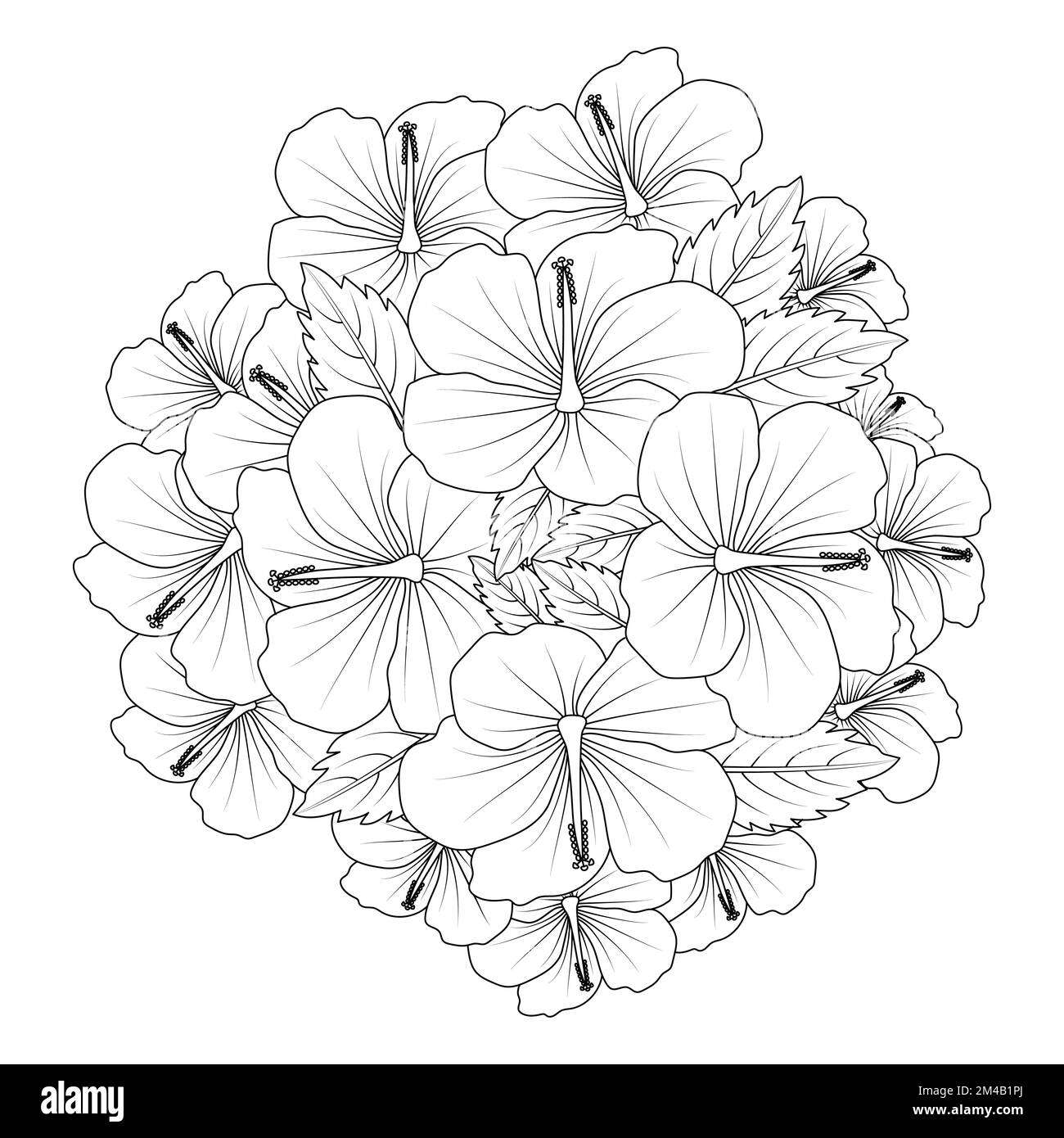 chinese hibiscus flower hand drawn coloring page illustration with line