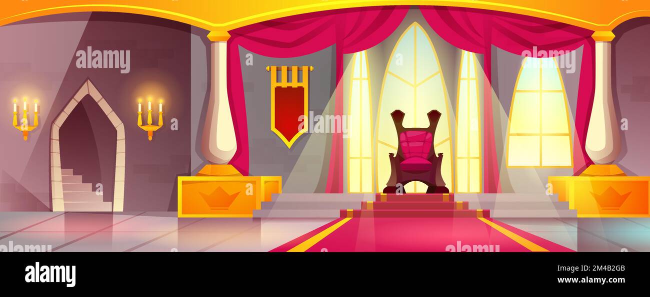 Cartoon medieval castle with empty ballroom, burning candles and red carpet path to king throne on pedestal. Royal palace interior hall or ceremony room with columns, curtains on window, queen chair. Stock Vector