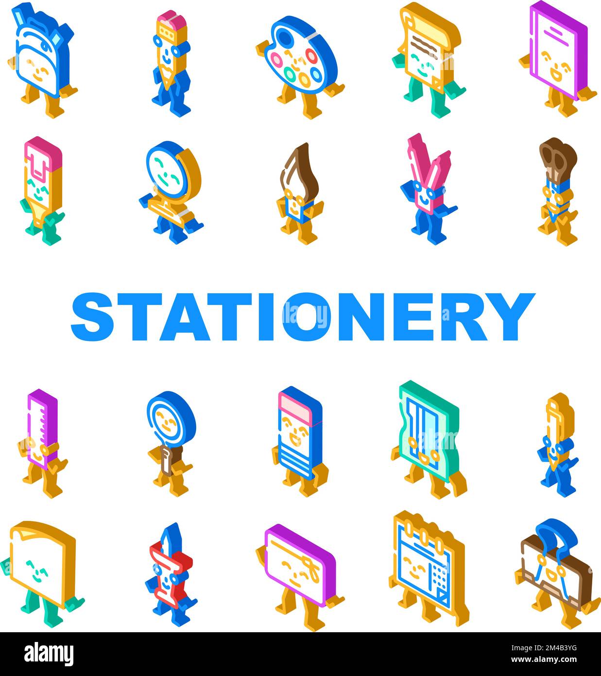 stationery character school icons set vector Stock Vector Image & Art ...