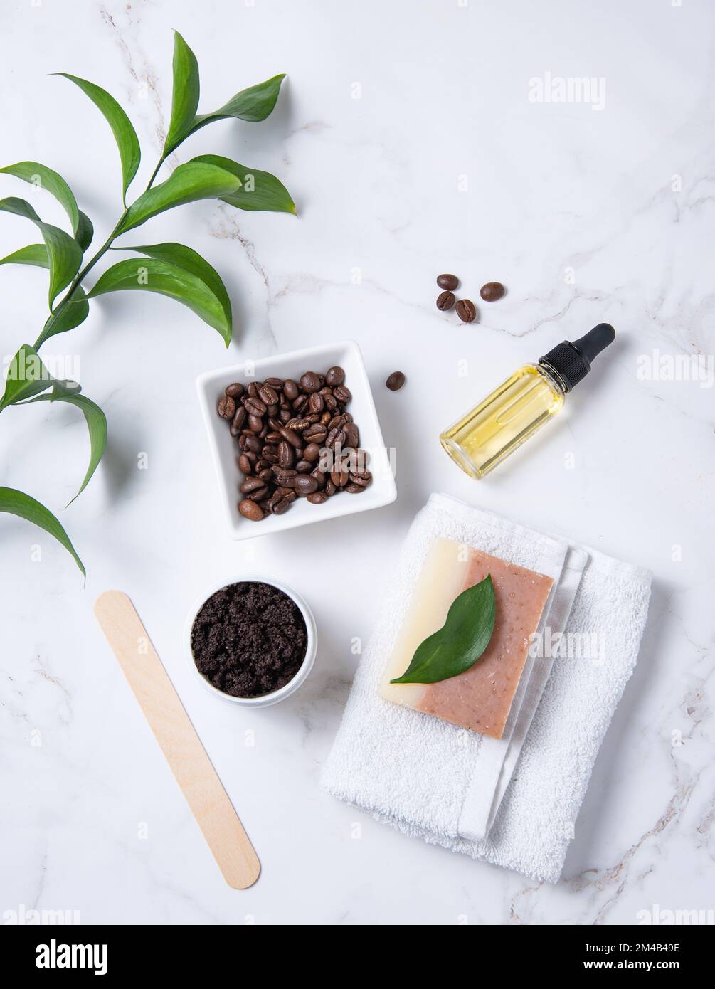 Flat lay with natural ingredients for home body coffee scrub and olive
