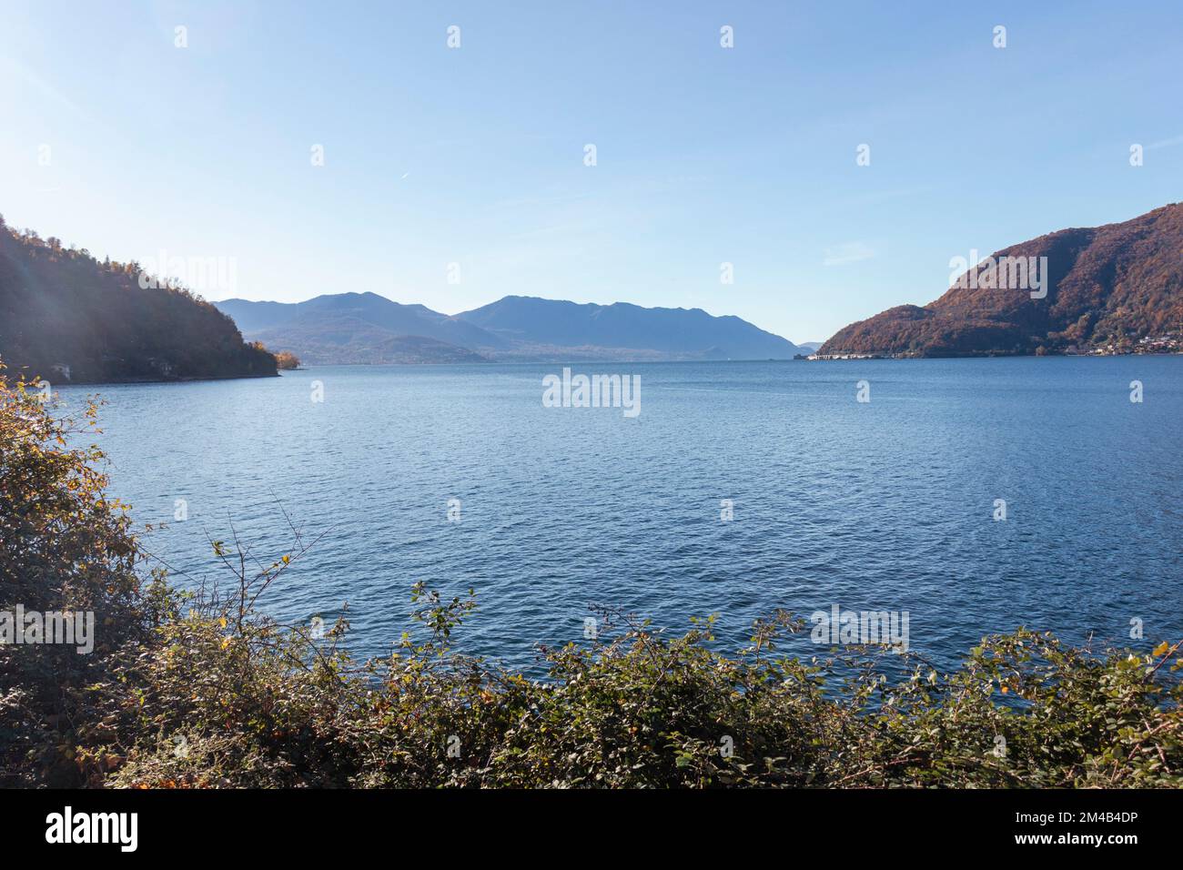 High angle view of Maggiore Lake near Luino, Italy. Copy space. Stock Photo