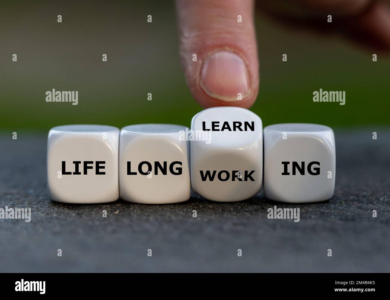 Hand turns dice and changes the expression 'life long working' to ' life long learning'. Stock Photo