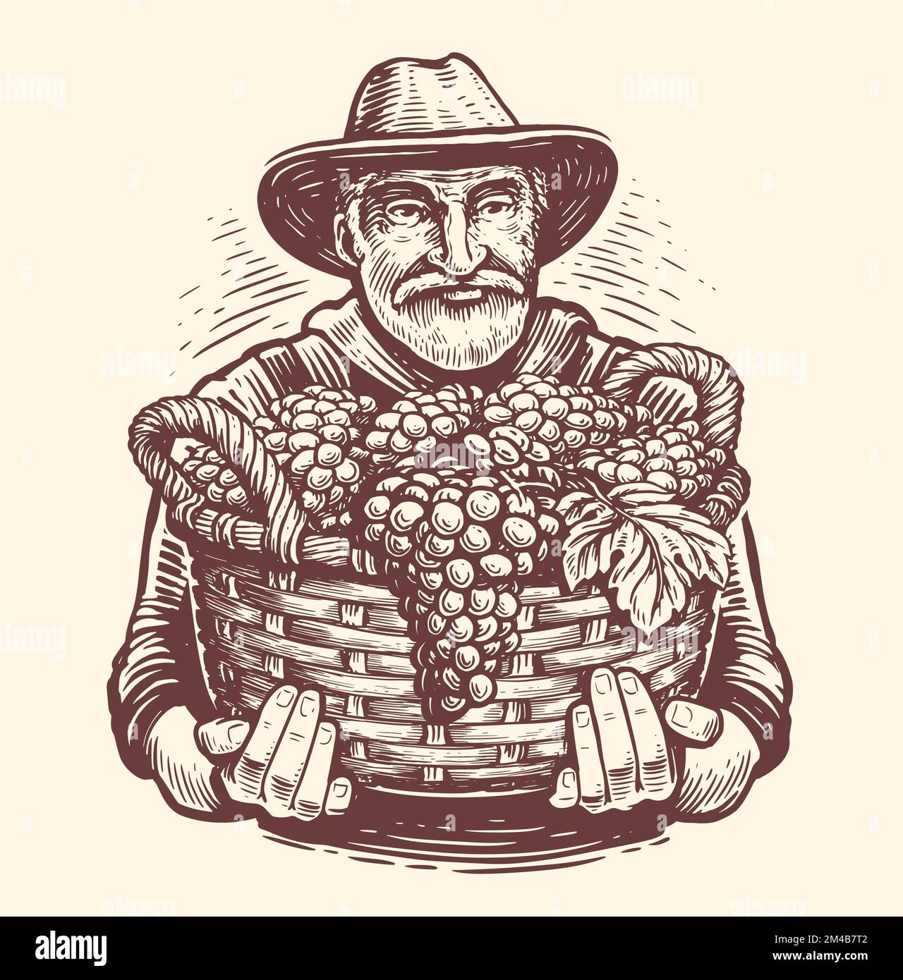Farmer with full basket of ripe grapes harvested from vineyard. Agriculture, fruit growing sketch. Vintage vector Stock Vector