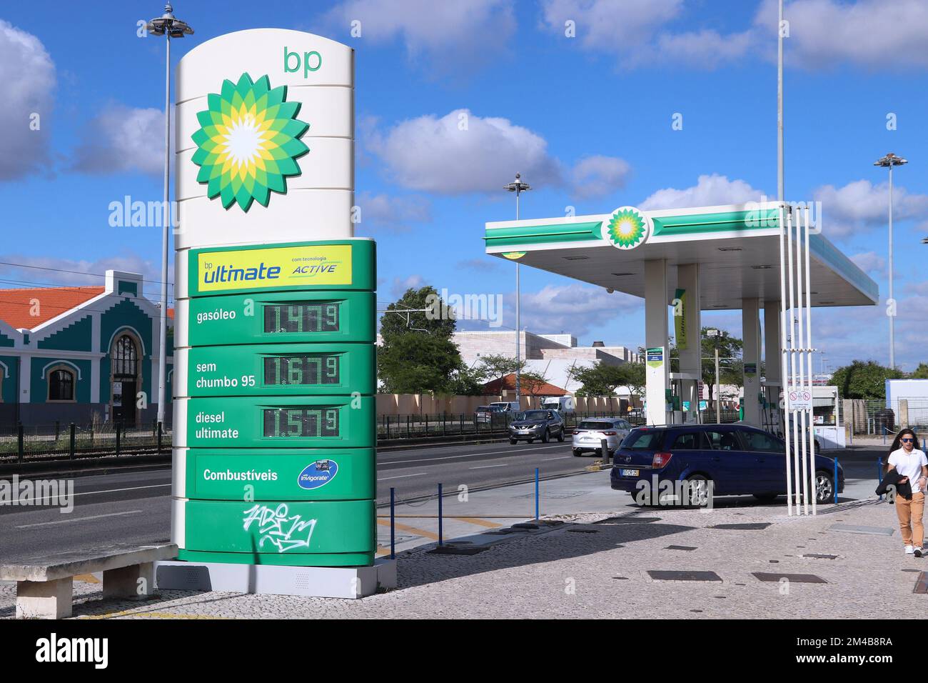 LISBON, PORTUGAL JUNE 5, 2018 BP gas station prices in Portugal. BP