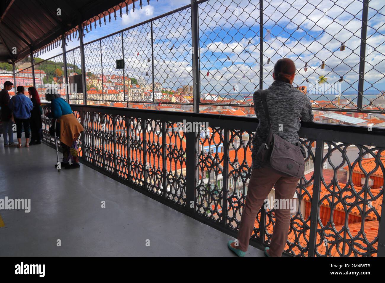 LISBON, PORTUGAL - JUNE 5, 2018: People visit Santa Justa Elevator top station viewpoint in Lisbon, Portugal. Lisbon city is the 11th-most populous ur Stock Photo