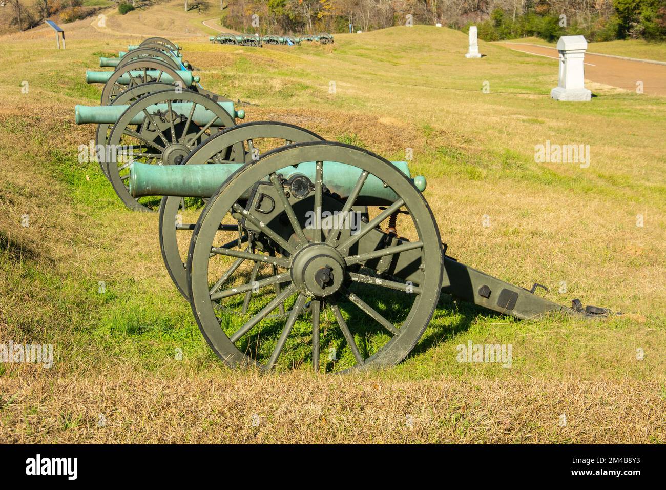 Vicksburg, USA – December 1, 2022 - Cannons in a row in the Vicksburg