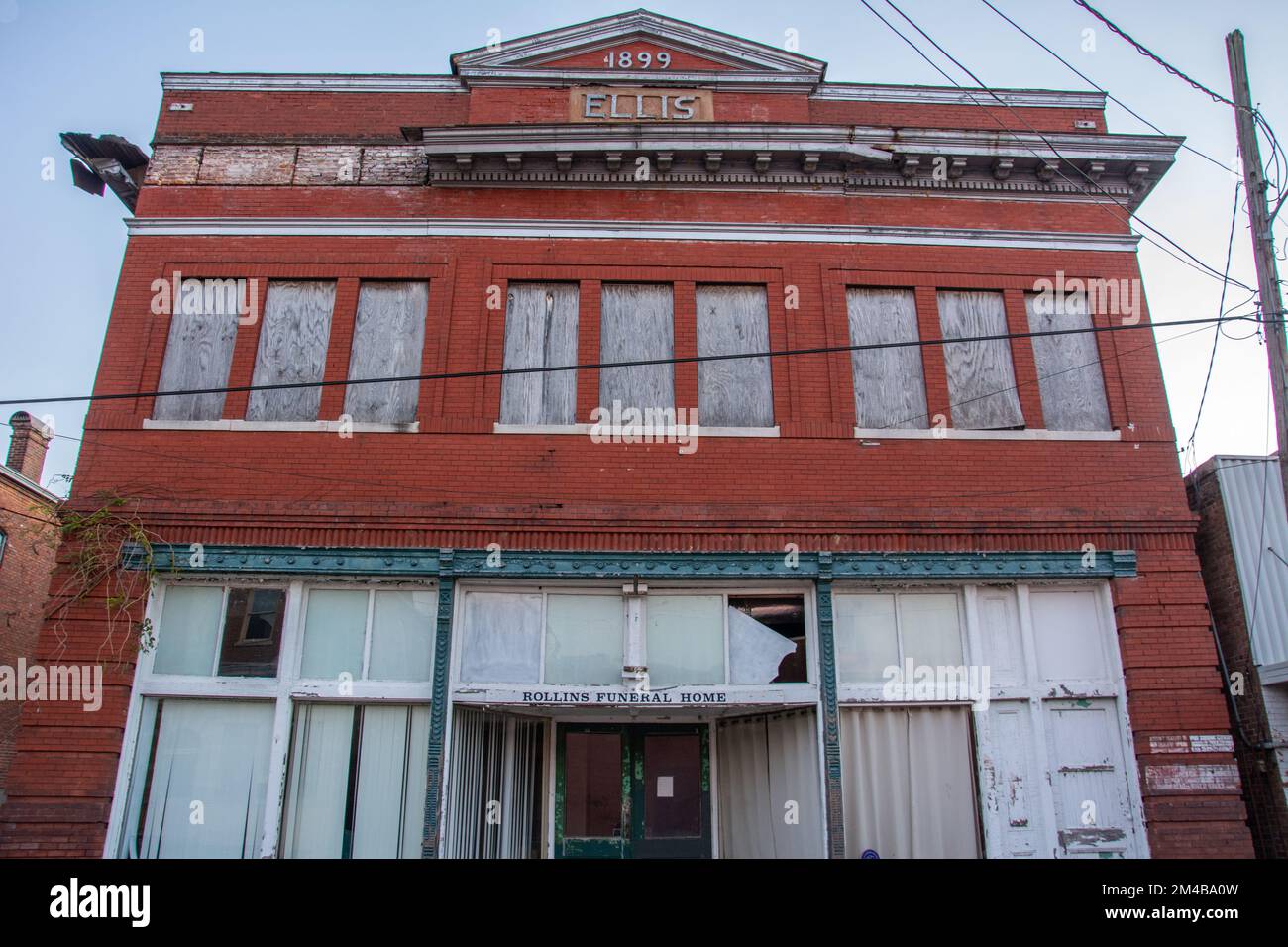 Port Gibson, USA – December 1, 2022 - Ellis Building in the Bernheimer Complex built in 1899 and now housing a funeral home in Port Gibson Stock Photo