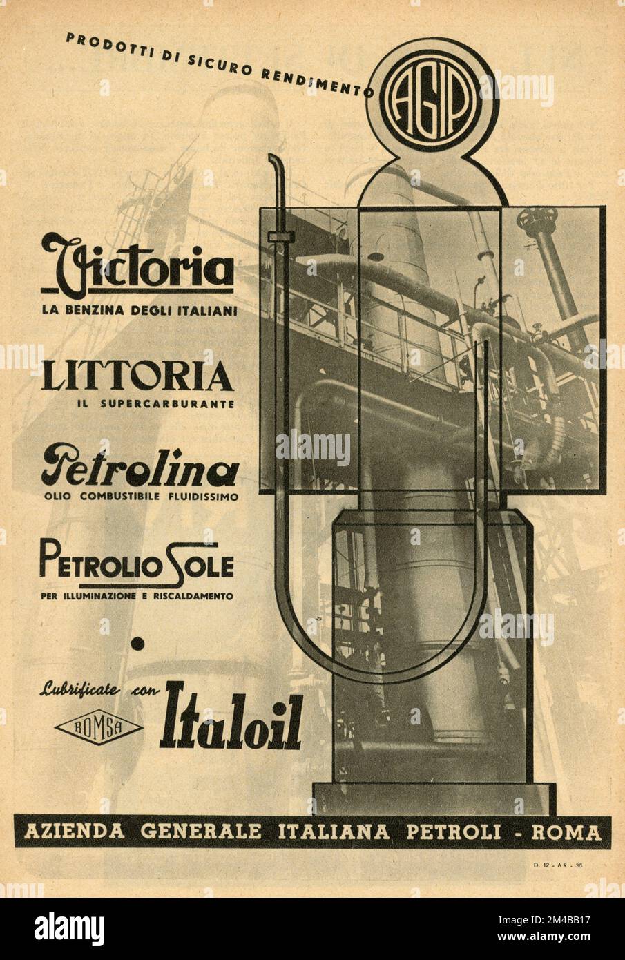 Vintage newspaper ad of AGIP gasolines, Italy 1930s Stock Photo