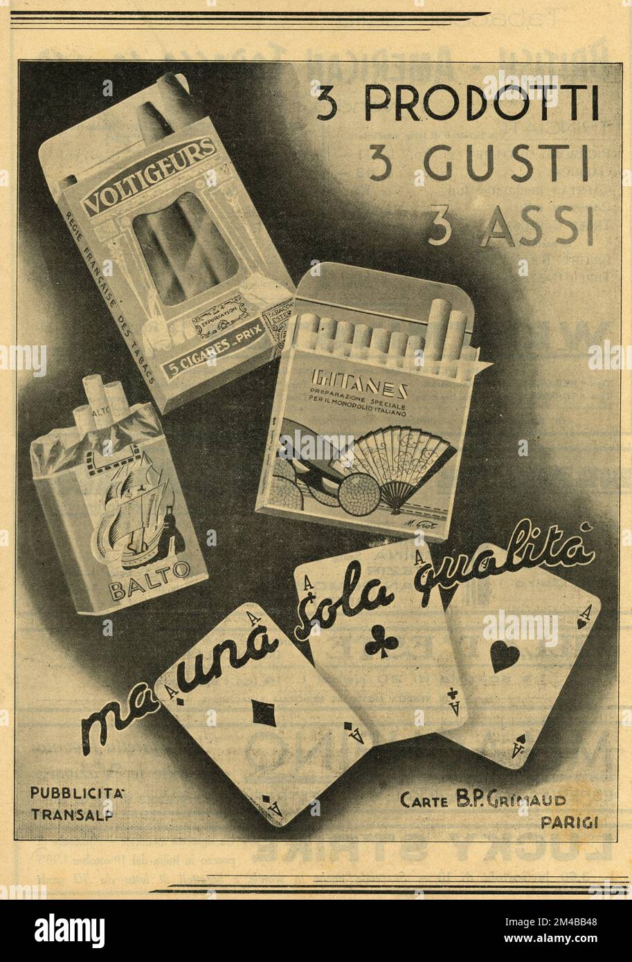 Vintage newspaper ad of Grimaud playing cards and cigarettes Balto, Gitanes and Voltigeurs cigar, Italy 1930s Stock Photo