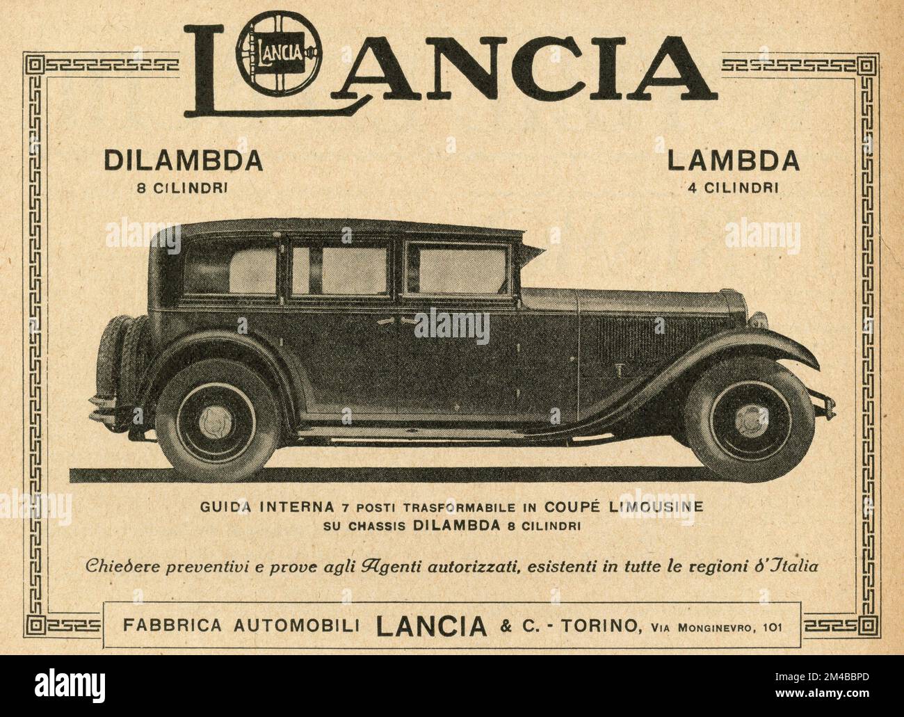 Vintage newspaper ad of Lancia Dilambda car, Italy 1930s Stock