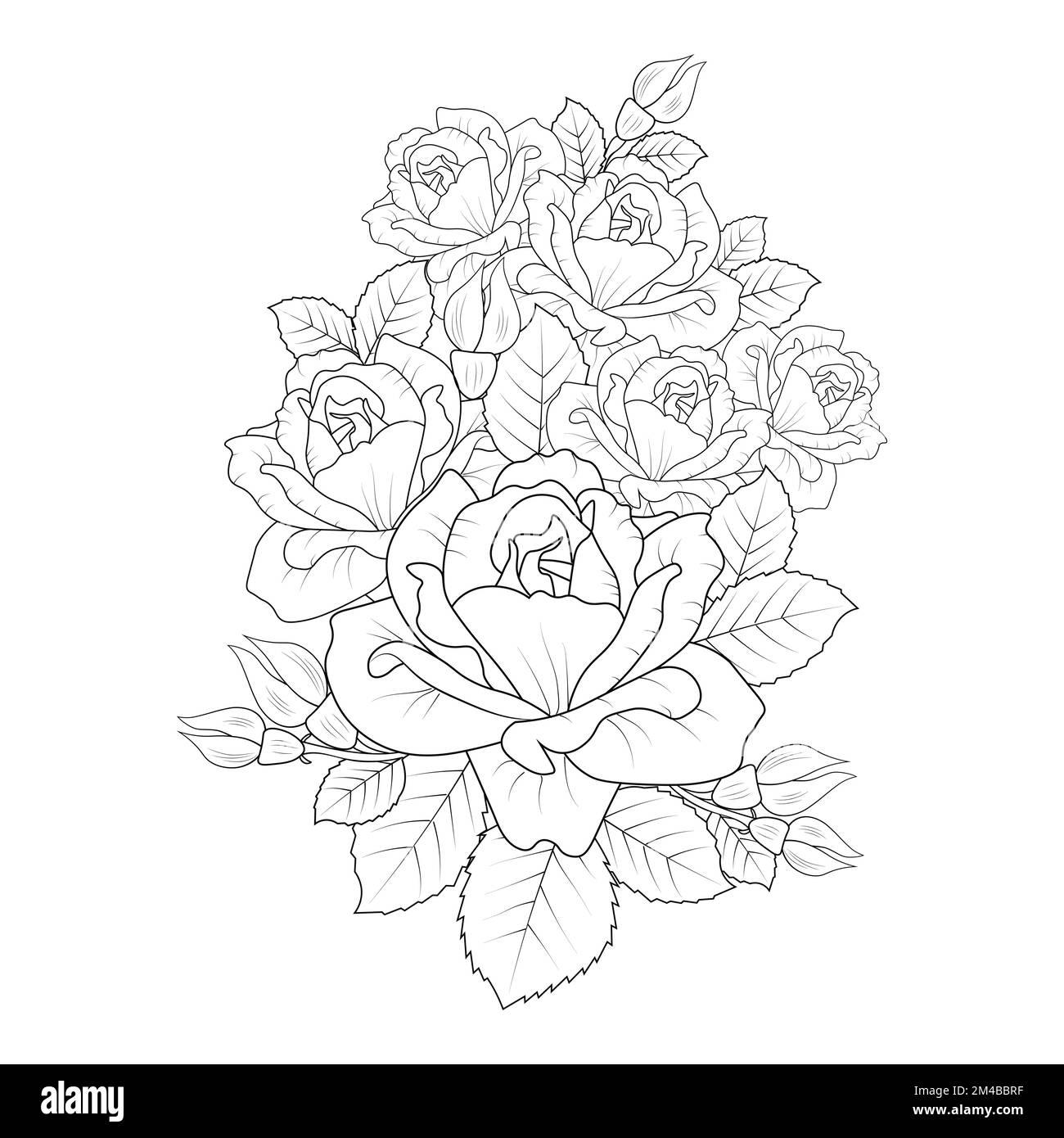 red rose flower bouquet outline vector art with roses leaves for adult coloring page Stock Vector