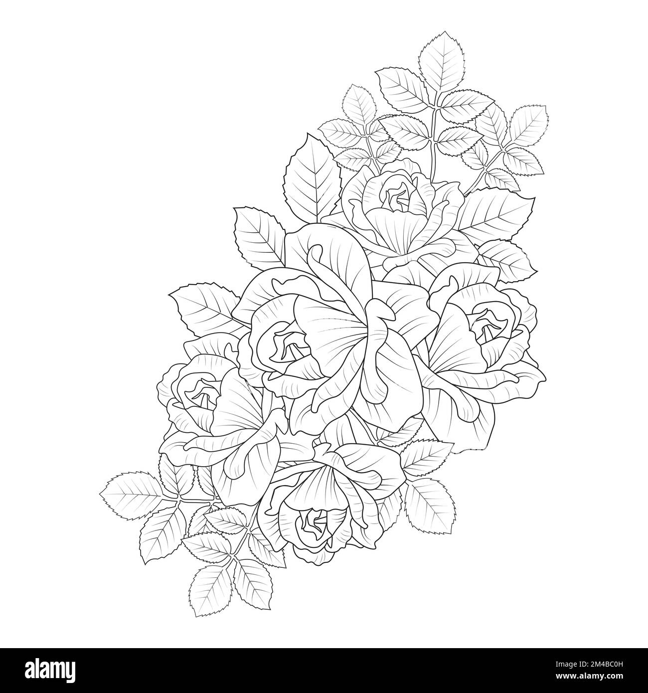 red rose flower bouquet outline vector art with roses leaves for adult coloring page Stock Vector