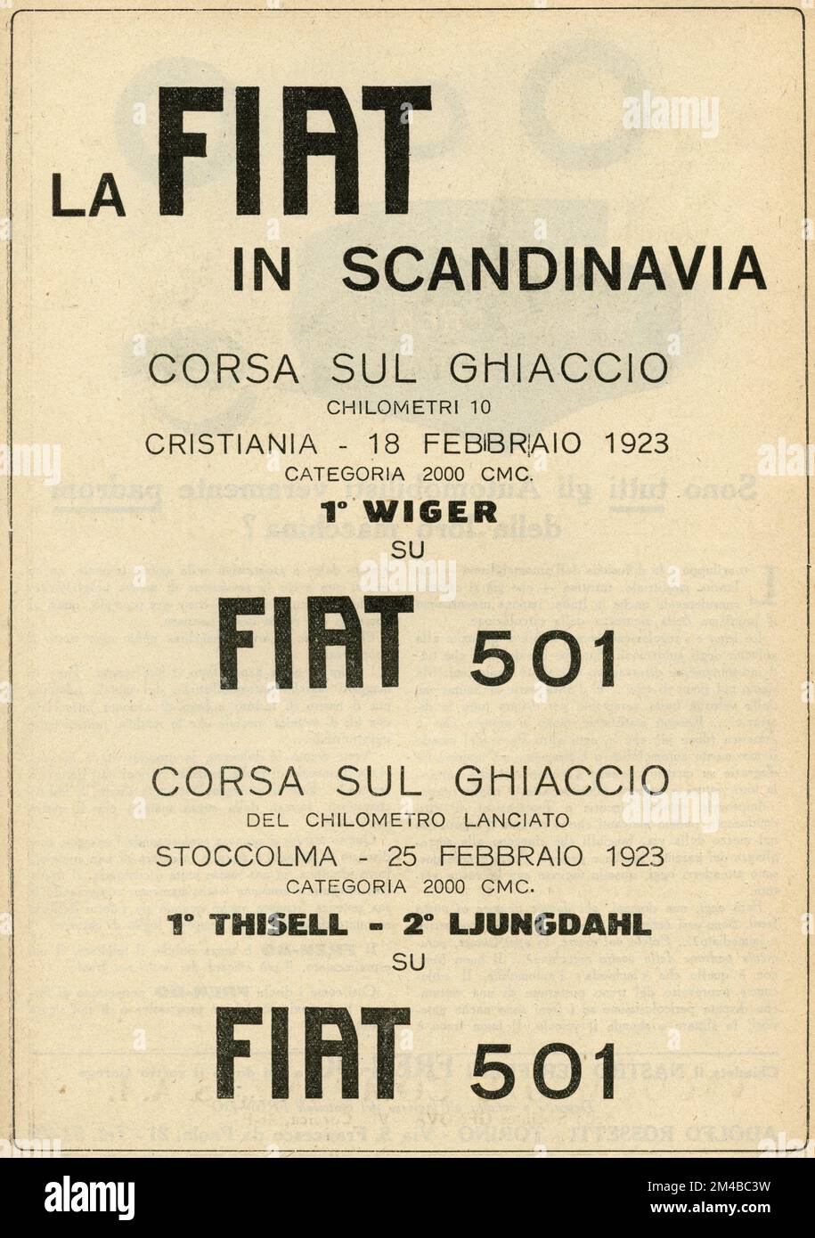 Vintage newspaper ad of FIAT car ice racing, Italy 1920s Stock Photo