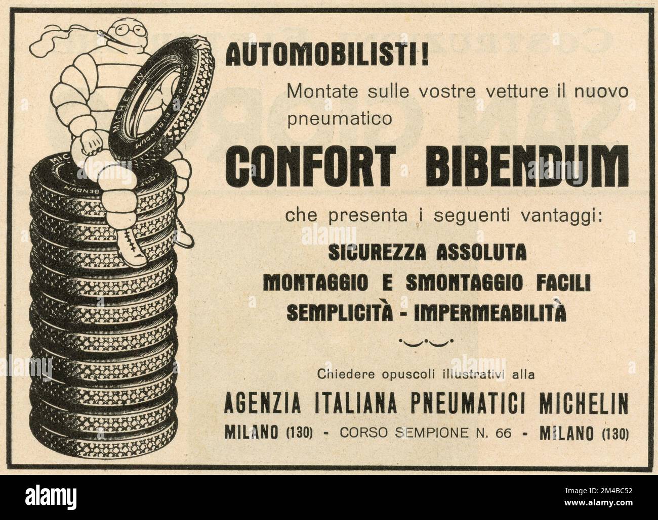 Vintage newspaper ad of Michelin tires, Italy 1930s Stock Photo