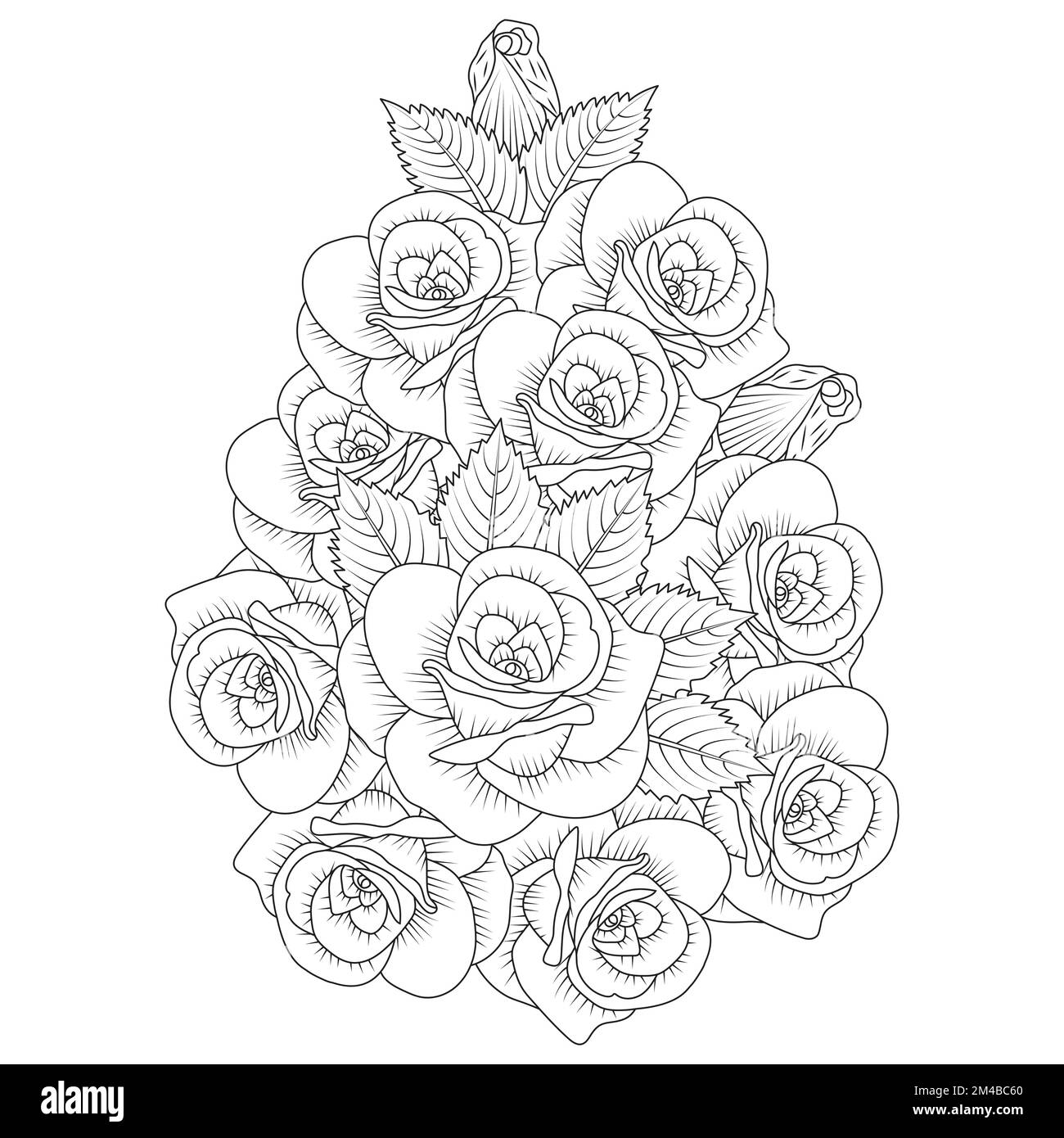 red rose flower bouquet outline vector art with roses leaves for adult