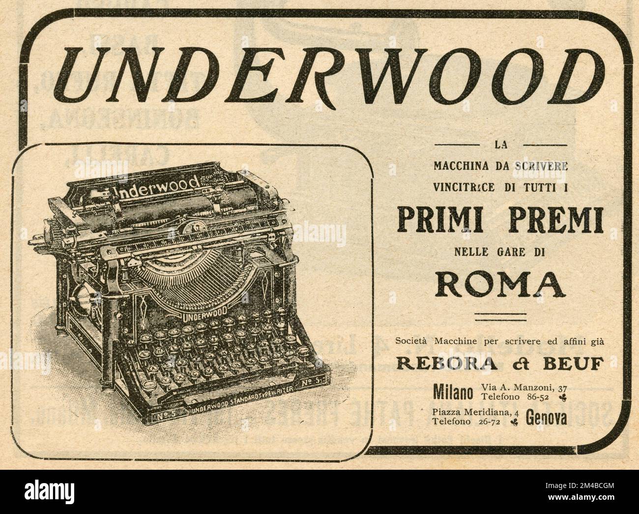 Vintage newspaper ad of Underwood typewriter, Italy 1930s Stock Photo