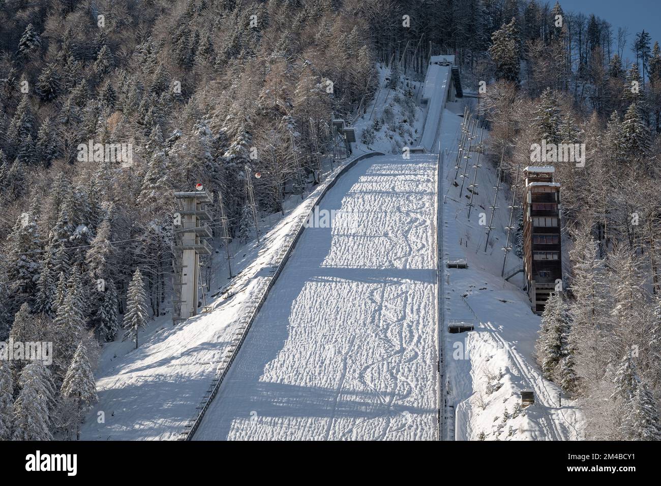 Ski Jump in Planica near Kranjska Gora Slovenia covered in snow at winter time. Stock Photo
