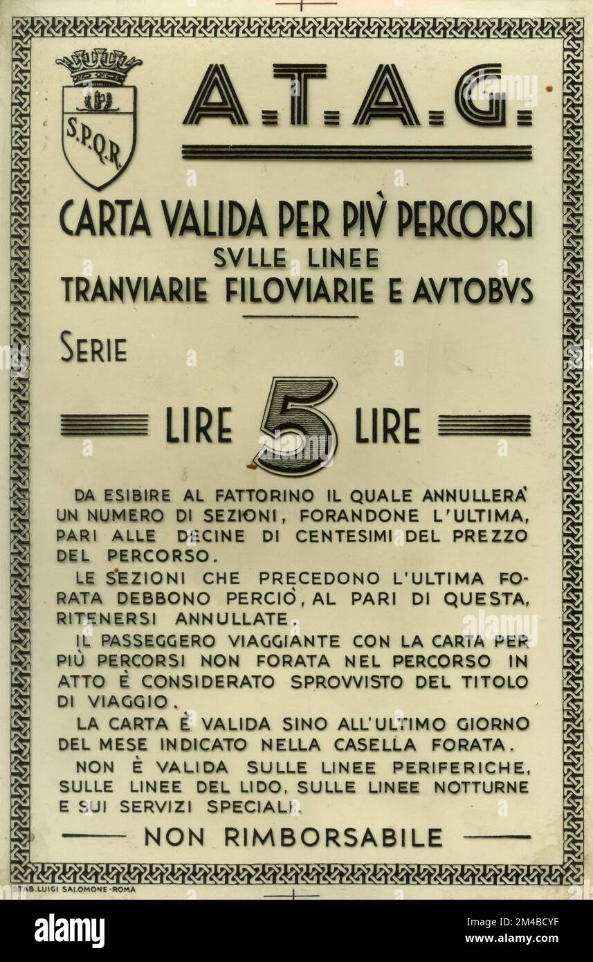 Vintage ATAG local public transport card, Rome, Italy 1930s Stock Photo