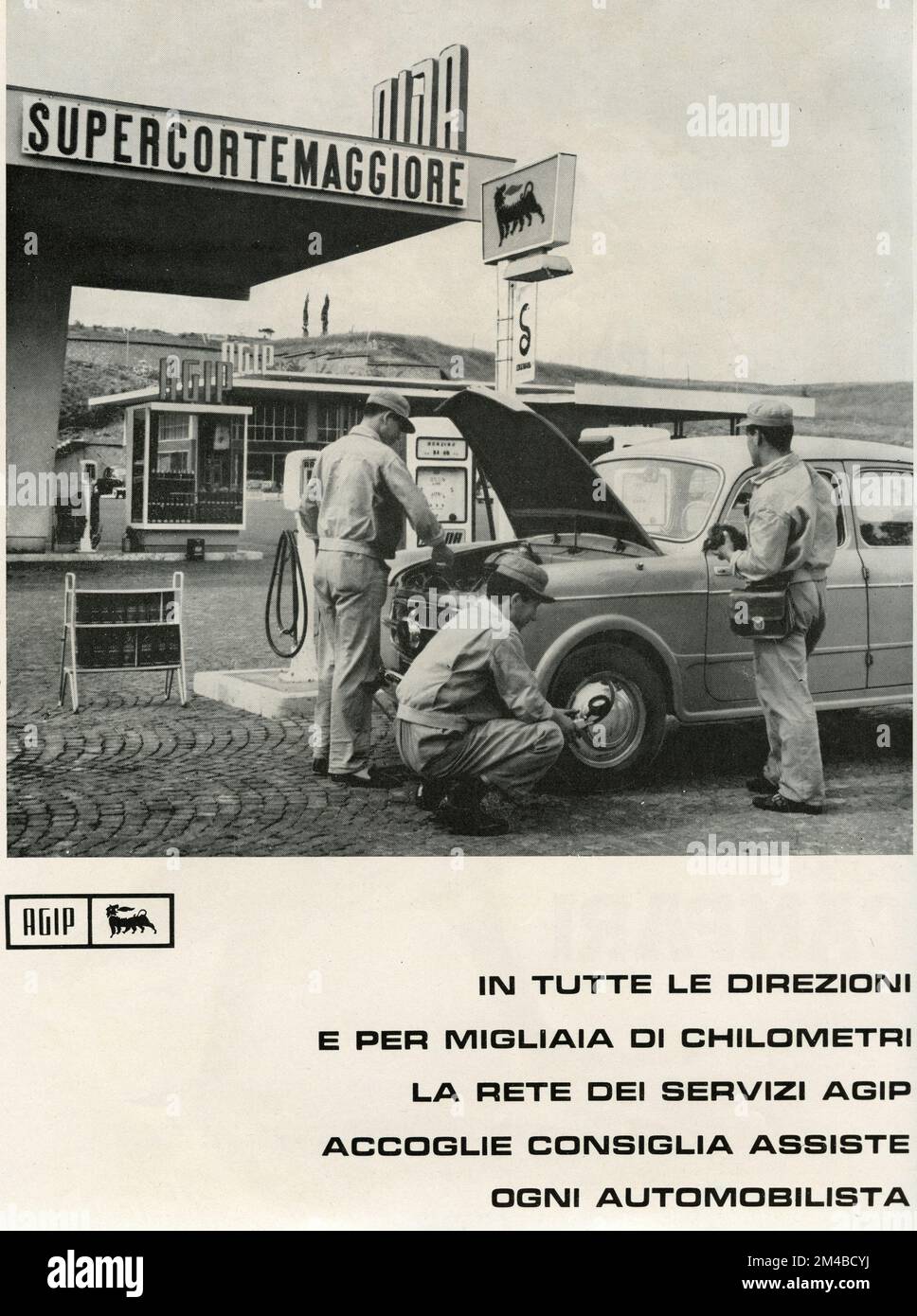 Vintage newspaper ad of AGIP gasoline, Italy 1960s Stock Photo