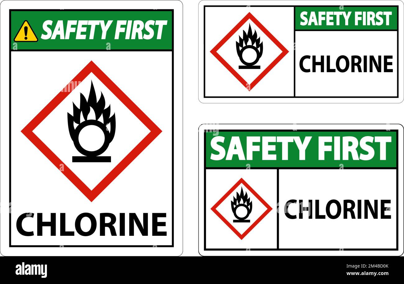 Safety First Chlorine Oxidizer GHS Sign On White Background Stock