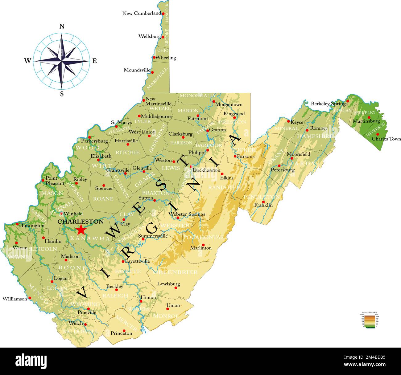 Highly detailed physical map of the West Virginia, in vector format,with all the relief forms,regions and big cities. Stock Vector