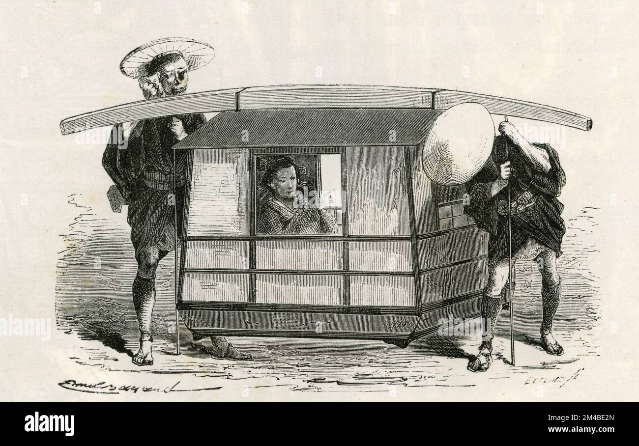 Carrier of Norimon litter, Japan, illustration 1871 Stock Photo Alamy