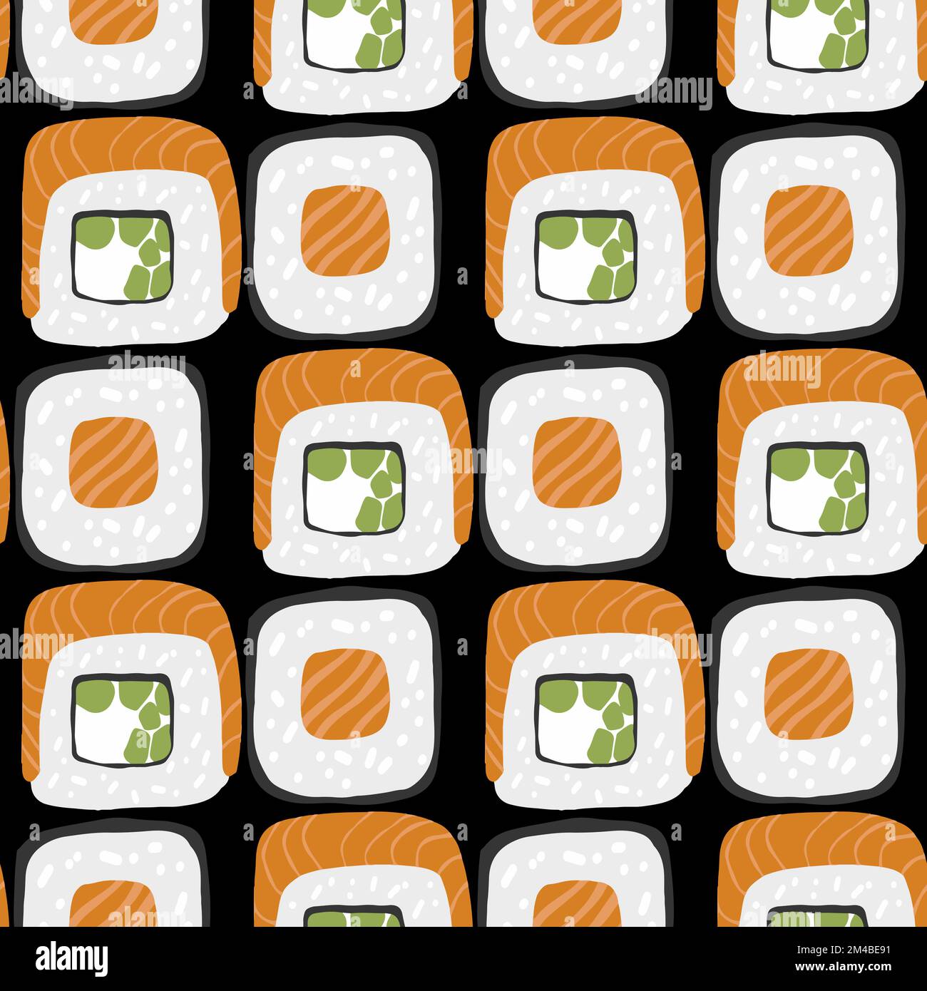 Seamless pattern with Sushi roll set illustration on black background ...