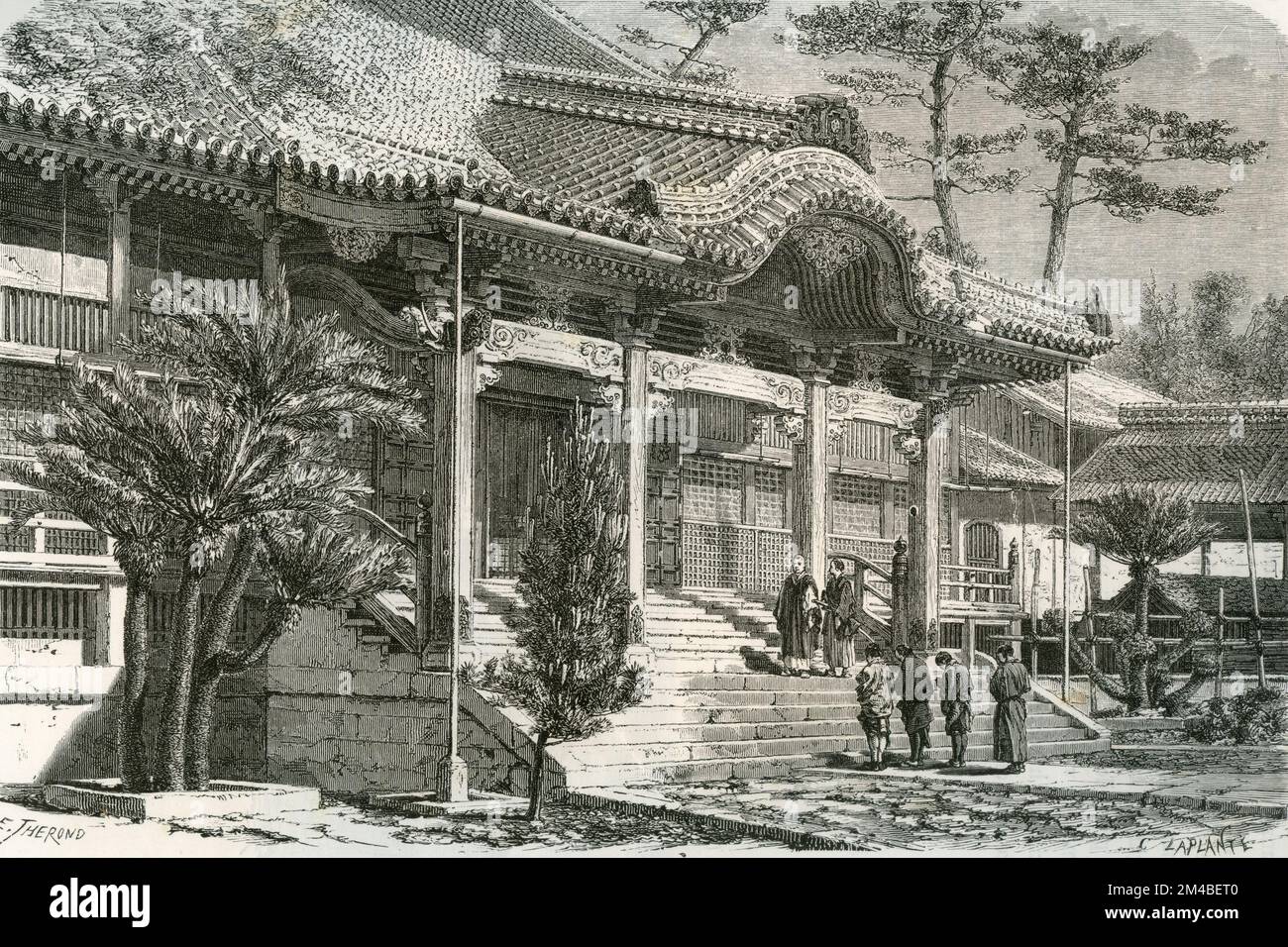 Buddhist Temple in Nagasaki, Japan, illustration 1871 Stock Photo