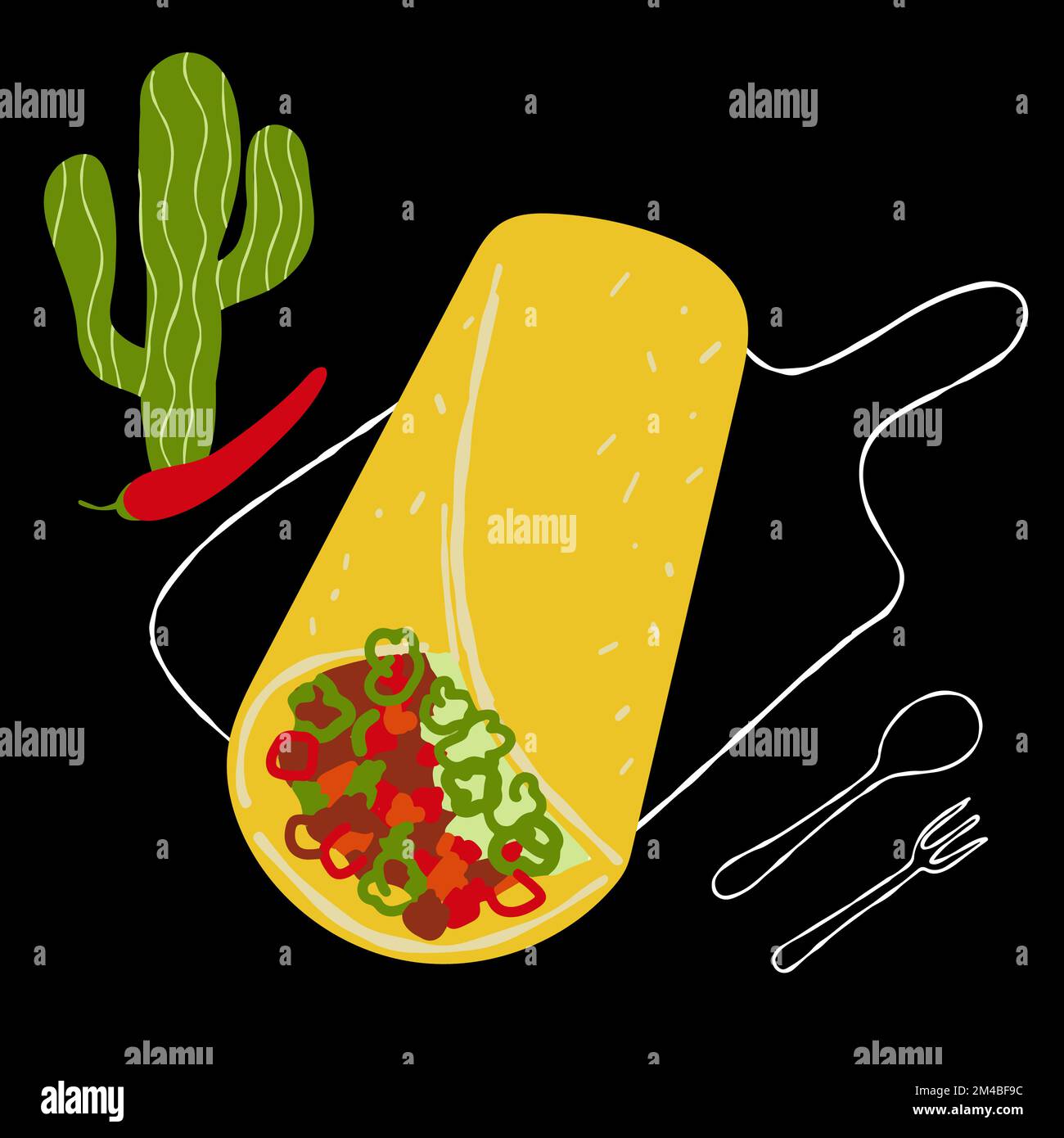 Mexican food illustration burrito on black background with cactus Stock ...
